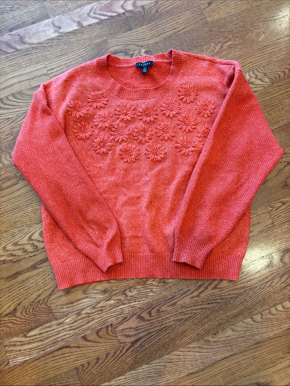 Tribal Orange Crewneck Sweater with Daisy Appliqués